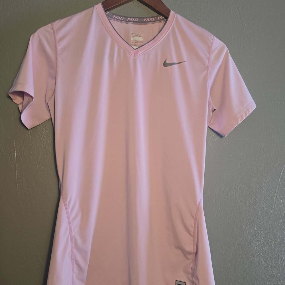 Nike Pro Womens Pink Workout V-Neck Dri-Fit Compression Athletic Workout Shirt M